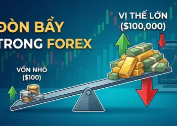 Hình minh họa khái niệm "Đòn bẩy trong Forex" với một bập bênh, cho thấy vốn nhỏ ($100) bên trái có thể kiểm soát vị thế lớn ($100,000) bên phải, cùng với các mũi tên xanh (lợi nhuận) và đỏ (rủi ro) được khuếch đại.