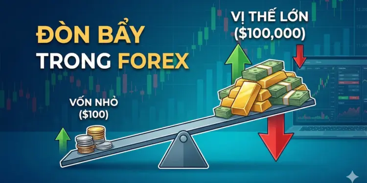 Hình minh họa khái niệm "Đòn bẩy trong Forex" với một bập bênh, cho thấy vốn nhỏ ($100) bên trái có thể kiểm soát vị thế lớn ($100,000) bên phải, cùng với các mũi tên xanh (lợi nhuận) và đỏ (rủi ro) được khuếch đại.